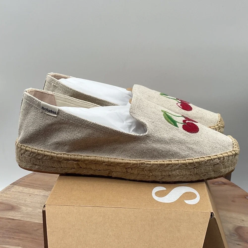 Soludos Cherry On Top Platform Espadrille Sand Linen Embroidered Shoes Womens 9